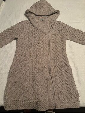 Aran Crafts Hooded Cable Knit Long Cardigan - Taupe NWOT